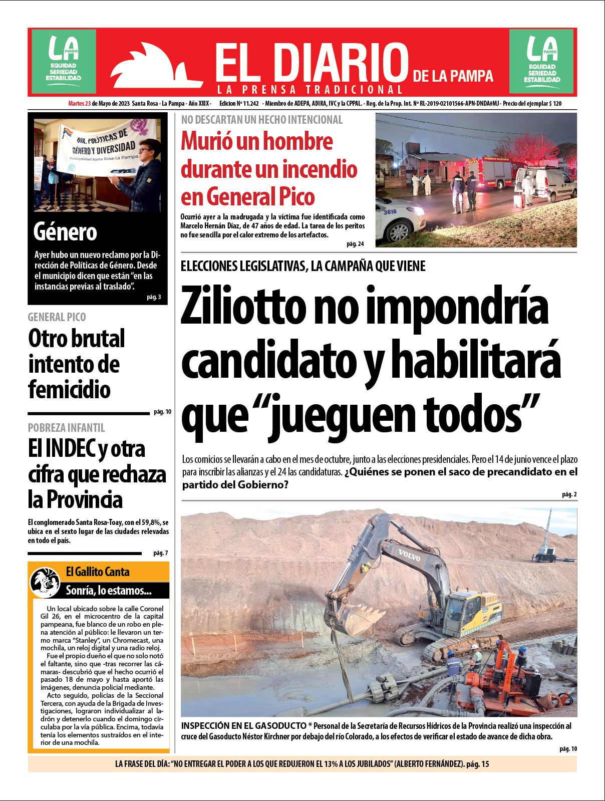 Tapa de El Diario en papel  martes 23 de mayo de 2023